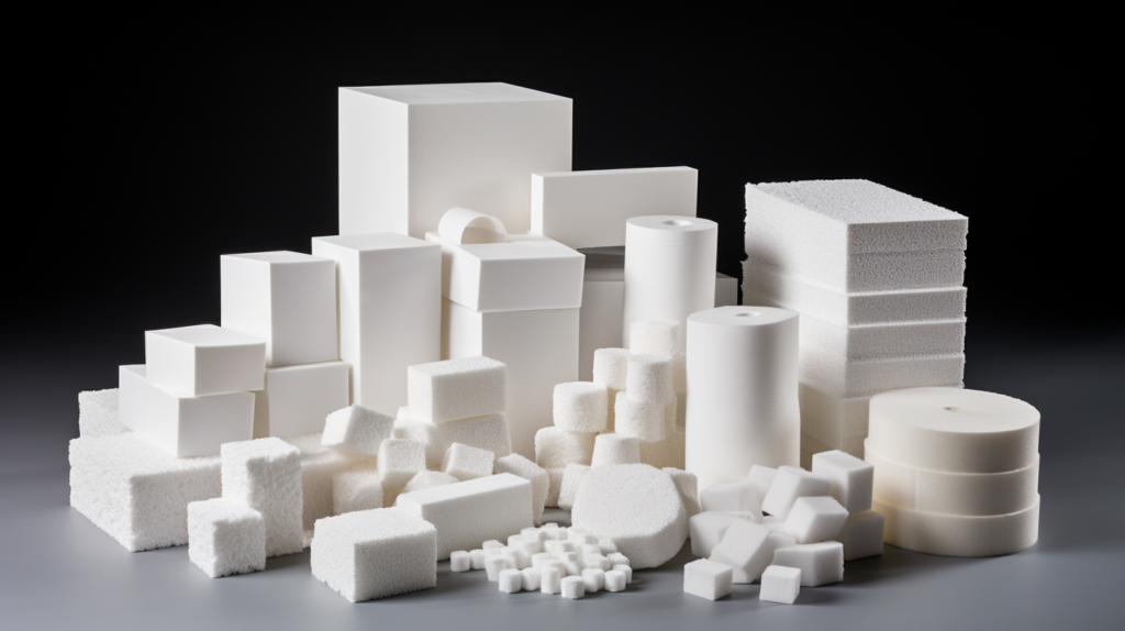 An image showcasing the versatility of polystyrene material. Its lightweight and rigid structure make it ideal for various applications, including packaging, insulation, and crafting. The image reflects the widespread use of polystyrene in industries, highlighting its value in creating durable and insulating products.