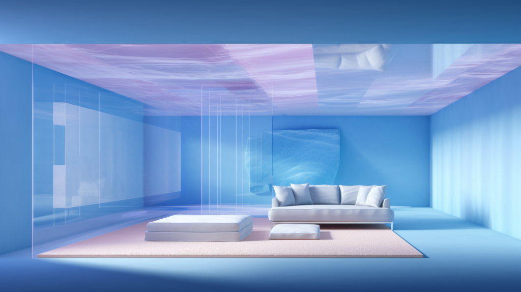 An overhead conceptual cross-section view of a vibrant room with semi-transparent walls and ceiling made of Kingspan's blue rigid foam insulation boards. Small sound waves visibly pass through the foam which only dampens higher frequencies. An acoustic panel layered underneath absorbs lower frequencies.