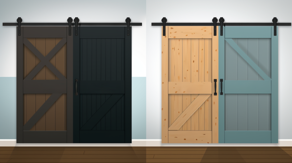 A visual comparison highlighting the differences between barn style sliding doors and solid core doors in terms of design and soundproofing capabilities. The images or infographic showcase the gaps and lightweight construction of barn doors compared to the tight seal and density of solid core doors. Icons or labels emphasize the features that make solid doors superior in natural sound blocking. A before-and-after scenario is incorporated to illustrate the potential transformation when replacing barn doors with solid core doors for optimal noise control.