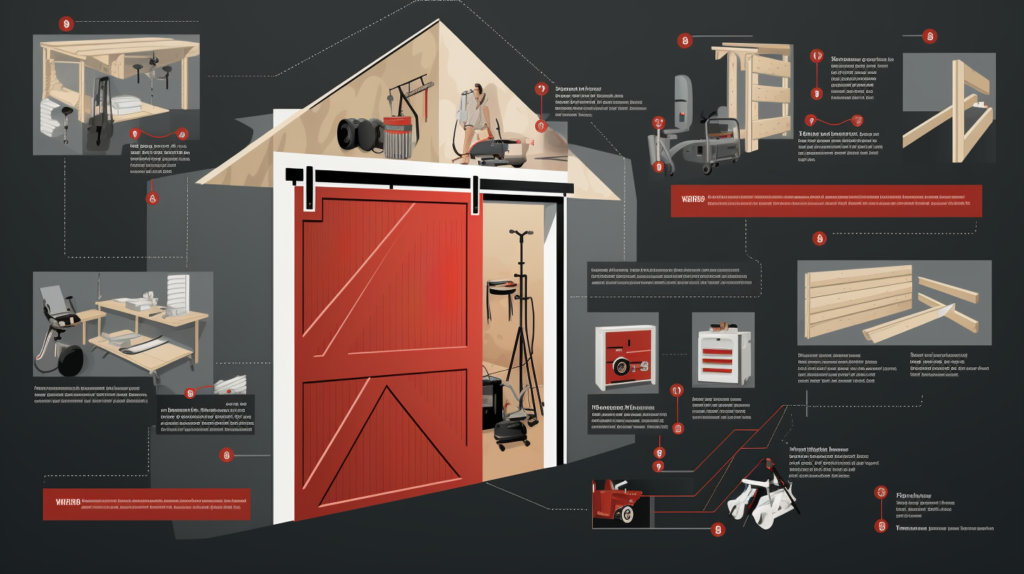 A visual guide illustrating the steps for DIY barn door soundproofing. The series of images or infographic showcases each step of the process, including materials like acoustic caulk, putty, high tack adhesive weatherstripping, and dense rubber mats/sheets. Icons, labels, and before-and-after scenarios emphasize the transformation of the barn doors and the application of soundproofing techniques. Images of a sliding barn door are included to highlight the challenges and potential solutions for achieving optimal noise reduction.