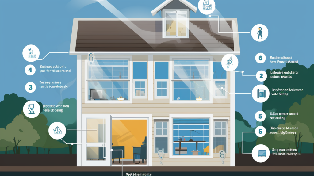 A visual representation of Step 2: Upgrade Windows. The images or infographic illustrate the inspection process for windows, including checking seals, weatherstripping, glass type, and overall air tightness. Icons, labels, and before-and-after scenarios emphasize the importance of identifying and upgrading windows for noise reduction. Images of different window types, such as single pane, double pane, and soundproof windows, are included to highlight the variety of options available for reducing external noise.
