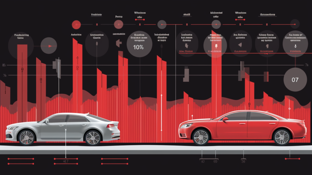 An informative visual depiction illustrating the stages of car soundproofing and the associated time requirements. The image features a timeline of key steps, including the application of damping sheets to doors, trunk, roof, and other critical areas. Each step is accompanied by a clock icon indicating the estimated time needed for that specific task. The visual elements include a car silhouette, tools, and soundproofing materials, conveying the incremental nature of the soundproofing process and its positive impact on the overall driving experience