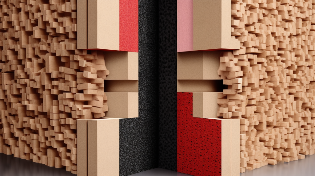 A visual representation comparing the effectiveness of soundproofing materials. On the left, a thin 3mm cork layer symbolizes inadequate sound blocking, with sound waves easily passing through. On the right, a thicker, heavy-duty soundproofing panel (e.g., mass loaded vinyl or dense rubber) demonstrates the required thickness and mass to halt noise transmission. Visual elements convey the idea that true soundproofing requires substantial thickness, emphasizing the importance of using materials specifically designed for density and mass.