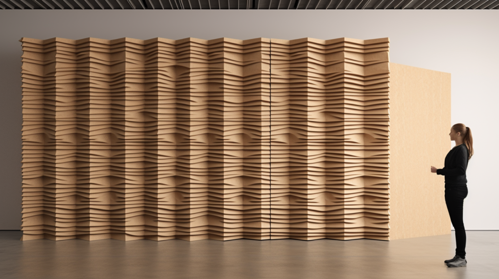 A visual depiction highlighting the importance of thickness in acoustic treatment. On the left, a thin 3mm cork panel symbolizes insufficient acoustic treatment, with sound waves barely penetrating the surface. On the right, a thicker (25mm or more) acoustic panel effectively captures and dissipates echoes, showcasing the depth needed for mid-high frequency sound absorption. The image underscores the necessity of adequate thickness for acoustic panels to control room reflections and create a more acoustically balanced space.
