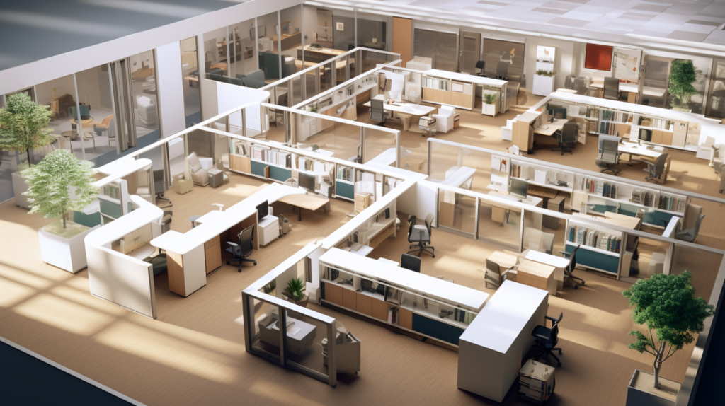 The image portrays the art of strategic space planning in an office layout, showcasing the intentional arrangement of collaborative spaces, quiet zones, and focused workstations. Floor-to-ceiling partitions elegantly divide the open workspace, creating defined personal spaces and minimizing noise transfer. This visual representation underscores the significance of intentional space planning for creating a harmonious work environment with effective noise control.