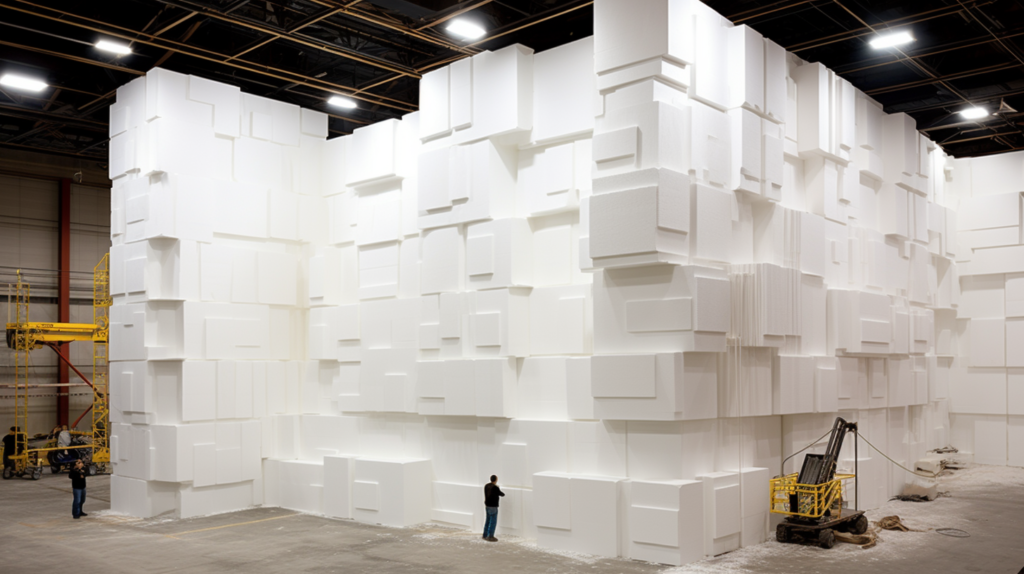 A visual representation of effective soundproofing, featuring a fortress constructed with Mass Loaded Vinyl, Acoustical Drywall, Green Glue Noise Proofing Compound, and specialized Acoustic Caulk. This robust structure highlights the density and mass needed to block out external noise. In comparison, a fragile wall made of polystyrene foam emphasizes its inability to provide substantial soundproofing due to its lightweight and porous nature. The image underscores the importance of choosing dense materials for superior noise reduction.