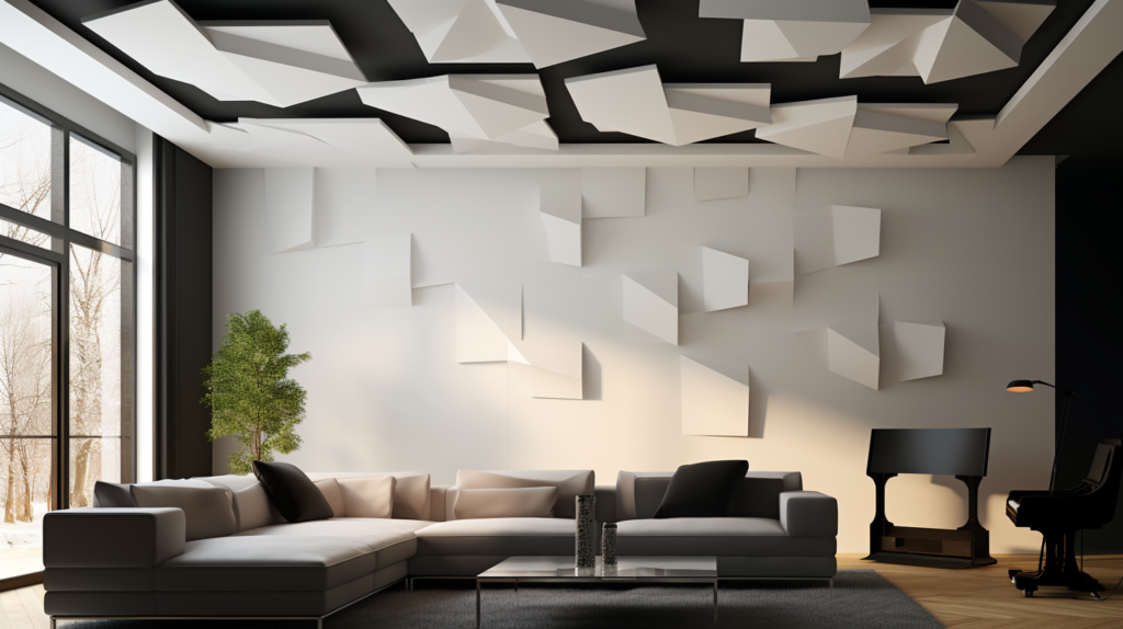  A room with a newly soundproofed ceiling adorned with NBR panels. The DIY installation of these innovative panels effortlessly creates a serene environment by blocking out noises from upstairs, offering a stylish and effective solution for a quieter living space."