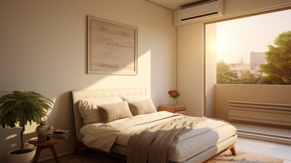 A peaceful bedroom setting with a strategically soundproofed portable air conditioner, creating a serene atmosphere. Discover the joy of tranquility by implementing these soundproofing techniques, silencing the disruptive noise from your portable AC unit