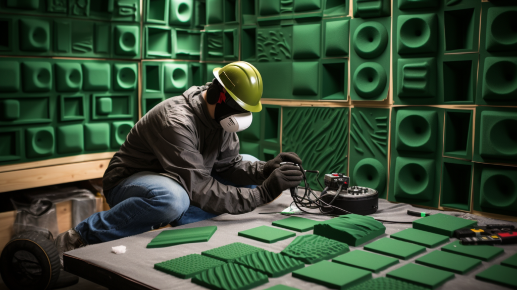 A curated selection of soundproofing materials neatly arranged next to an aspirator. In the image, a person, equipped with safety gear, is actively engaged in the process of soundproofing, showcasing the essential steps involved in creating an effective noise barrier. This visual encapsulates the proactive approach to noise reduction for a quieter and more comfortable environment.