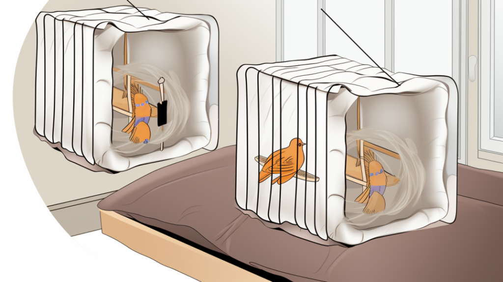 A comprehensive visual guide to DIY soundproofing for bird cages with a focus on maintaining proper ventilation. In the center, a bird cage is depicted with breathable cloth loosely wrapped around two to three sides, secured with binder clips. Surrounding this central image, smaller illustrations showcase various DIY methods, including covering cage doors with soft quilted fabric, using blackout curtains on nearby windows, and hanging external acoustic fabric like tapestries. Additional depictions emphasize strategic fabric wrapping on specific noisy bars, underscoring the importance of preserving airflow. The image communicates practical and affordable DIY soundproofing techniques that prioritize ventilation for the comfort and well-being of pet birds.