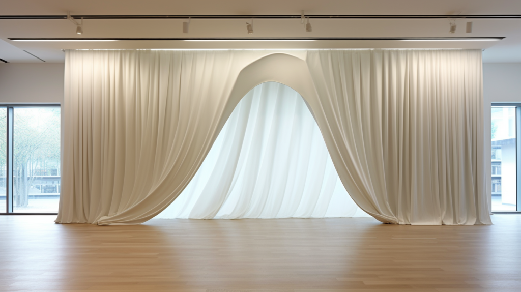 A visually pleasing scene depicts an acoustic curtain gracefully covering an open doorway, showcasing its full-length extension for optimal sound absorption. The dense, layered fabric symbolizes the effectiveness of this soundproofing solution. This image conveys the ease of installation and the ability to open or close the doorway when needed, while highlighting the cost-effectiveness of acoustic dividers and curtains in creating a quieter living space.