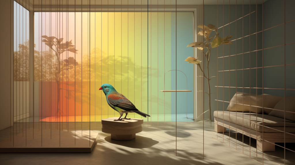 A comprehensive image portraying the motivations behind soundproofing a bird's cage. In the center, a content pet bird enjoys a serene environment within a thoughtfully soundproofed cage. Split visual representations surround this central image, illustrating the bird's perspective with sensitive hearing and potential stressors from external noises. On the other side, depictions show a homeowner and neighbors living in harmony, undisturbed by the bird's natural vocalizations due to effective soundproofing measures. The image captures the multi-faceted benefits of soundproofing, highlighting the well-being of the pet bird, the owner's peace of mind, and the fostering of harmonious relations with neighbors.