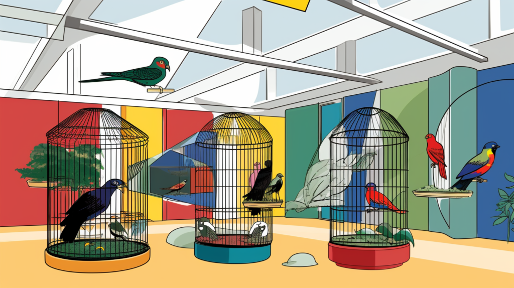 A comprehensive graphic presenting various commercial soundproofing options for pet bird cages. In the center, a visual representation showcases a specialty cage cover secured with elastic straps over the bird cage. Surrounding this central image, smaller illustrations depict the installation of thick, multilayered sound-reducing curtains on adjacent windows and a pre-fab acrylic bird cage with built-in ventilation slots. The graphic communicates the convenience and effectiveness of commercial soundproofing solutions, offering pet owners a diverse range of options to address noise issues while prioritizing proper ventilation for the comfort of their feathered friends.