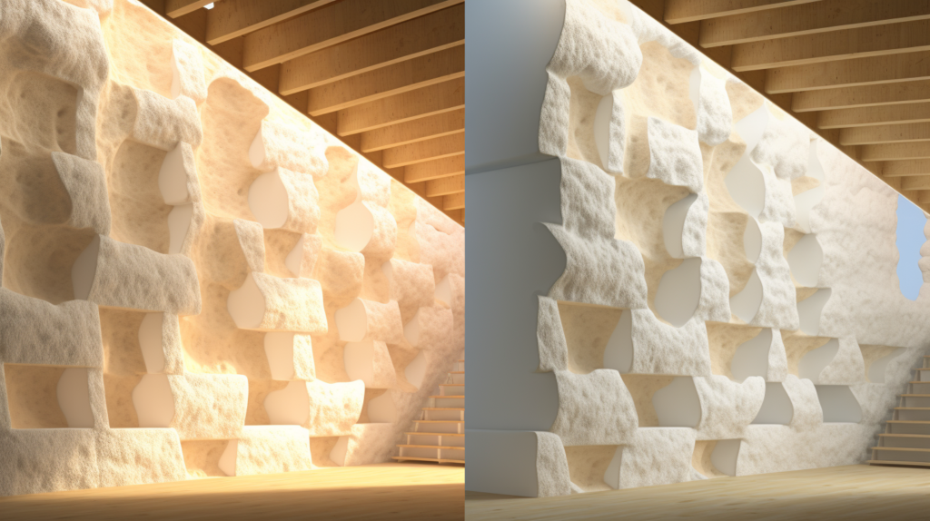 A visual representation highlighting the drawbacks of cellulose and spray foam insulation for soundproofing. The first image depicts the settling issue with loose fill cellulose insulation, showing air pockets and gaps in wall cavities. The second image emphasizes the application of spray foam insulation, highlighting its ability to fill small gaps but mentioning higher material costs. The third image showcases the potential hazards of spray foam insulation, with the need for protective gear due to hazardous chemicals. The fourth image symbolizes the long-term performance decline of cellulose and spray foam insulation, with cracks and breakdown leading to diminished noise reduction. The visual narrative underscores the drawbacks of these insulation options and suggests the superiority of denser, more stable traditional materials like fiberglass or mineral wool for long-term acoustic insulation