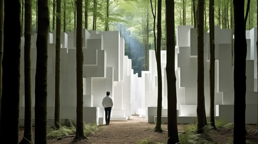 A pathway through a dense forest symbolizes effective soundproofing with its thick, solid barriers. In contrast, a trail made of lightweight, porous polystyrene foam represents its inability to block out surrounding noise due to its minimal mass and porous nature. The image illustrates the importance of choosing dense materials for effective soundproofing.

