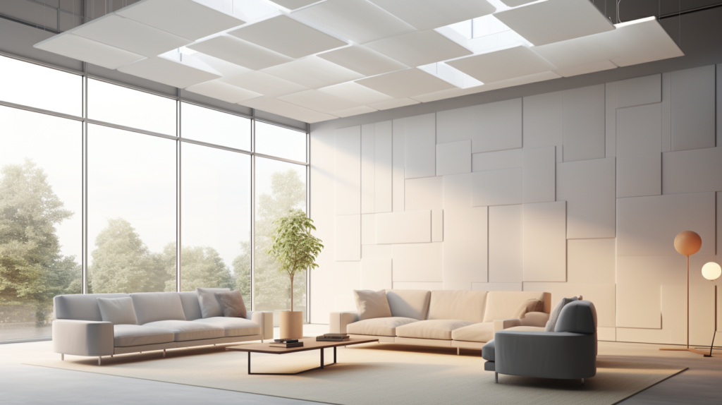 An image capturing the transformative benefits of NBR ceiling panels. The room, once plagued by noise, now radiates peace and quiet thanks to the effective noise-blocking properties of NBR. The lightweight panels, installed with peel-and-stick adhesive, offer an easy and affordable DIY solution for creating a tranquil living space