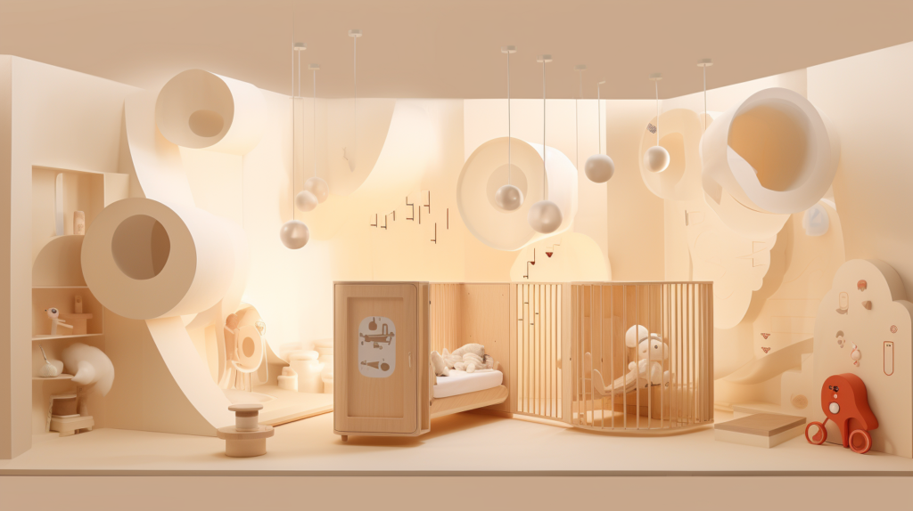 A visual representation of a nursery mid-journey, showcasing the soundproofing process in key areas – walls, ceiling, flooring, windows, and doors. Hands are depicted applying sound absorbing materials and physical barriers to create a quiet sanctuary for the baby. The image symbolizes the dedication to achieving a peaceful nursery, emphasizing the meticulous approach to soundproofing each component. It signifies the mid-journey transformation for optimal noise reduction and tranquility.