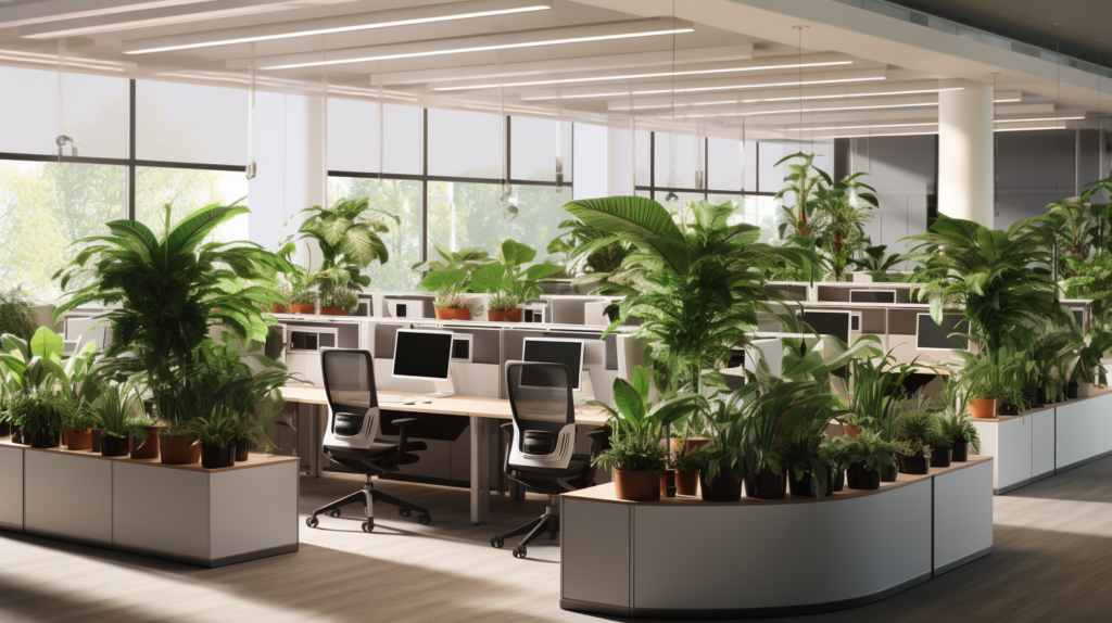 The image depicts the integration of large potted plants in an office, strategically placed for both aesthetic appeal and acoustic functionality. Lush greenery surrounds areas near noisy equipment and acts as natural borders between workspaces, contributing to improved acoustics. The visual representation underscores the dual benefits of incorporating plants, adding a touch of nature while serving as effective supplementary sound dampeners.