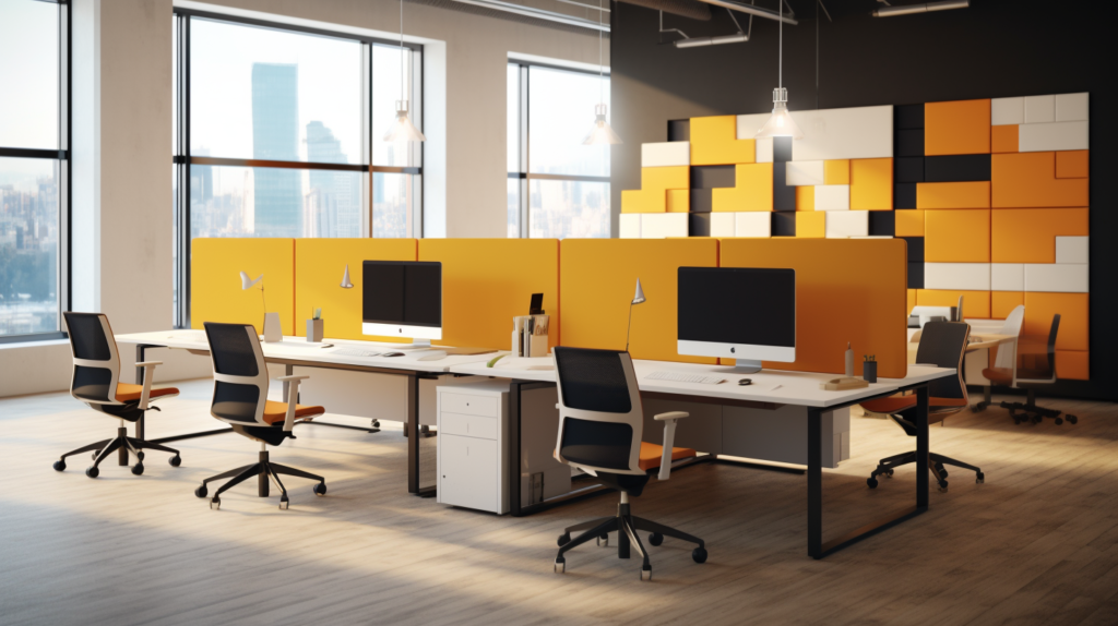 The image illustrates the integration of desk dividers in an open plan office, featuring soft, sound-dampening panels strategically positioned between workstations. Constructed from acoustic materials, these dividers provide visual privacy and reduce ambient noise, symbolizing an effective solution for shared workspaces. This visual representation highlights the simplicity and affordability of desk dividers as a notable improvement in open office acoustics.