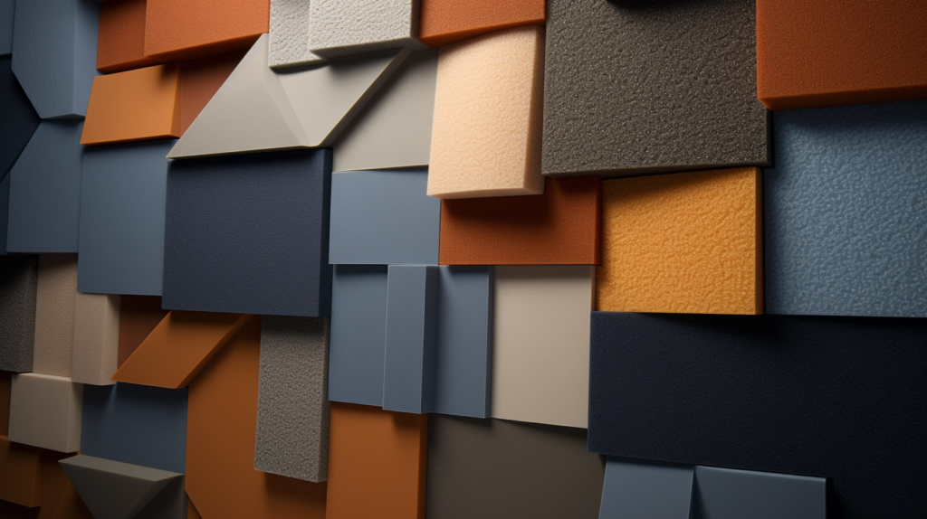 In this innovative cross-sectional image, the diverse materials used in constructing acoustic panels and acoustic foam are vividly showcased. The visual journey begins with a dynamic cross-section, revealing the intricate cores of both acoustic solutions. For acoustic panels, fiberglass, mineral wool, and heat-pressed polyester fiber emerge, each with distinctive characteristics impacting sound absorption. Fiberglass, known for affordability, is illustrated with its semi-rigid boards featuring gaps for sound passage. Mineral wool, a natural alternative, showcases its composition of spun fibers formed into safe, efficient boards. Heat-pressed polyester fiber, a cost-effective core, exhibits its fused, evenly distributed fibers with layered densities. Transitioning to acoustic foam, the image explores polyurethane foam with its open porous cell structure, allowing sound waves to penetrate. Melamine foam, with its bubble-like structure, retains rigidity while excelling in high-frequency sound absorption. This captivating visual provides insight into the materials shaping the acoustic properties of panels and foam, aiding readers in understanding the intricacies of these sound solutions