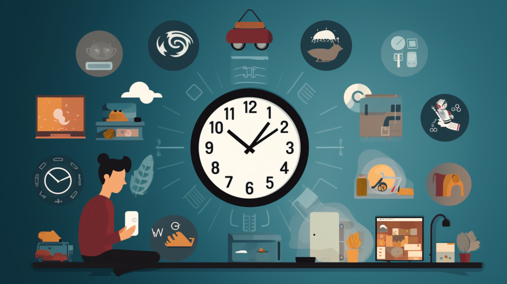 An illustrative representation emphasizing the concept of scheduling quiet blending times in shared living spaces. The visual includes a clock or schedule displaying different times of the day, icons representing various activities of housemates, a blender icon with sound waves indicating noise levels, and an overlap of suitable quiet blending times to minimize disruption. The image communicates the idea of thoughtful scheduling to maintain a harmonious living environment and prevent disturbances to others.