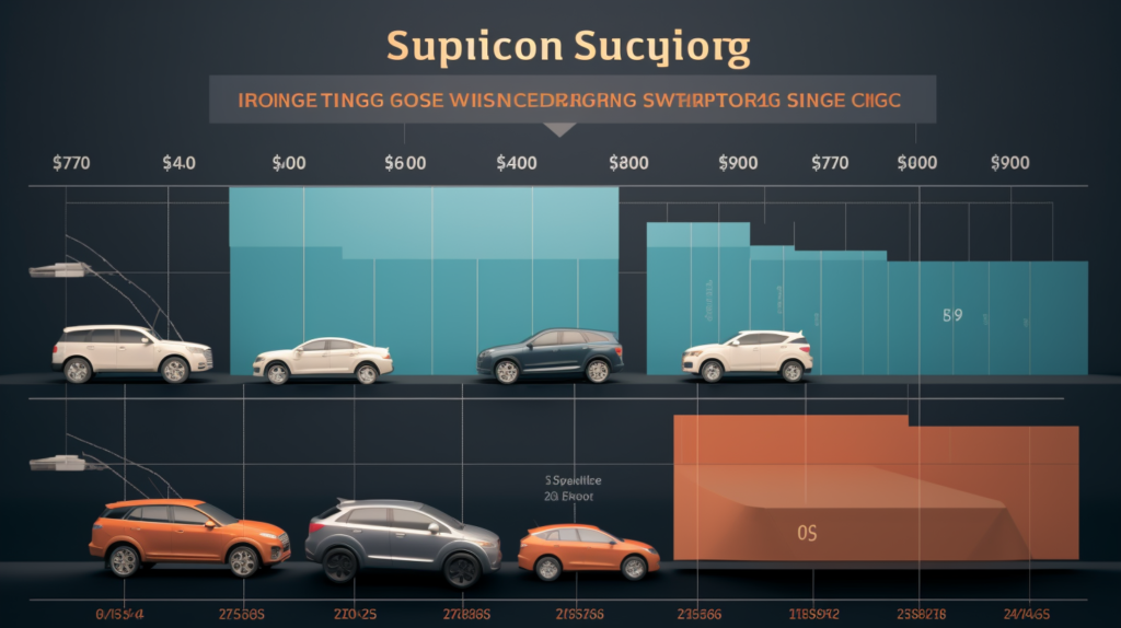 An illustrative representation displaying different vehicle types alongside their corresponding soundproofing cost ranges. Compact cars, mid-size cars, full-size sedans, 2-door trucks, 4-door trucks, compact SUVs, full-size SUVs, and minivans are depicted with associated price brackets. This visual guide underscores the relationship between vehicle size and soundproofing expenditures, offering a clear reference for those exploring soundproofing options for various types of vehicles