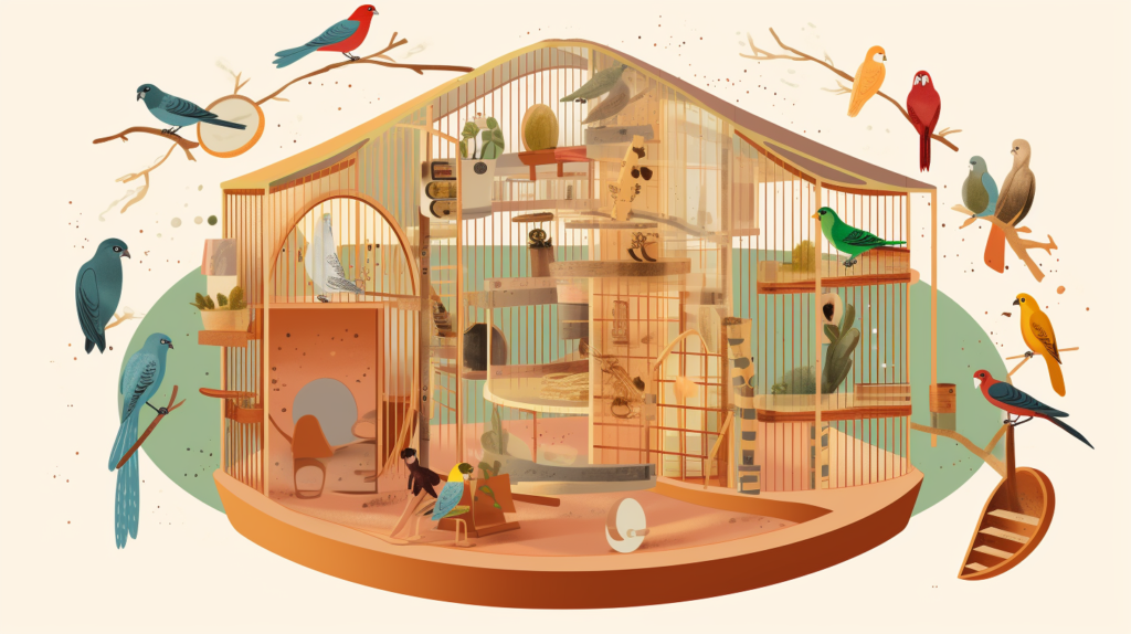 A comprehensive visual guide illustrating additional strategies for minimizing excessive bird noise. In the center, a bird engages with enrichment activities inside the cage, surrounded by rotating toys, mirrors, wood pieces, and foraging boxes. Surrounding this central image, smaller illustrations represent positive reinforcement training, with a bird responding to commands for quietness. Another section depicts a bird owner communicating with a neighbor, fostering understanding and cooperation. The graphic communicates a holistic approach to noise mitigation, incorporating mental stimulation, behavior training, and open communication for harmonious living with pet birds.