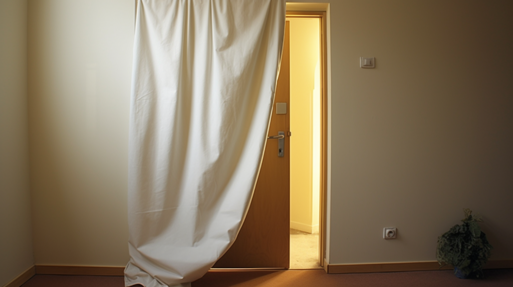A visually creative representation displays a DIY door plug and makeshift door, both crafted from common household materials. The snugly fitted door plug, wrapped in fabric or carpet, effectively seals the doorway, while the makeshift door, constructed from plywood and padded for sound dampening, is ready to provide a cost-effective soundproof barrier. This image highlights the ingenuity and low-cost appeal of DIY soundproofing solutions for homeowners seeking effective noise reduction.