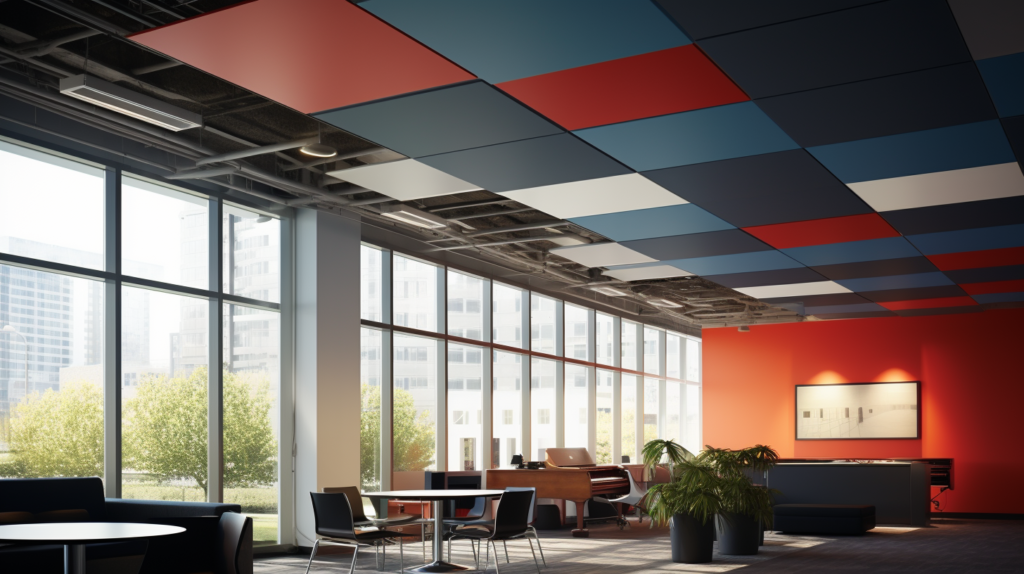 A captivating image showcasing the revolutionary NBR soundproofing panels installed on a ceiling. The thin, lightweight panels with peel-and-stick adhesive provide an easy DIY solution for transforming any room into a quiet sanctuary, blocking out unwanted noise and creating a peaceful atmosphere