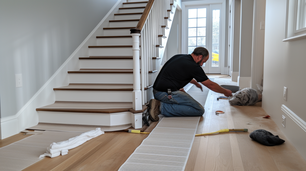 A person completing the installation of stair coverings, including carpet, treads, and railings, marking the final steps in the soundproofing journey. The image radiates a sense of accomplishment and tranquility, representing the culmination of efforts in creating a quieter home environment. It signifies the commitment to proper installation and maintenance for prolonged noise reduction in the years to come.
