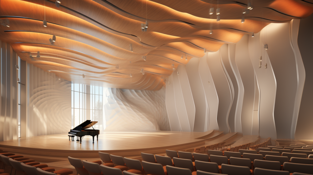 In this image, a concert hall is depicted with meticulous acoustic design, featuring polyester acoustic panels strategically placed on the walls and ceiling. The visual representation underscores the importance of sound quality in concert halls for creating an immersive experience. From the architectural marvels of the hall to the final touch of acoustic panels, every detail contributes to an environment where music is not just heard but felt emotionally. Acoustic panels are highlighted as the hidden heroes, providing the crucial final layer for turning a good acoustic environment into a great one