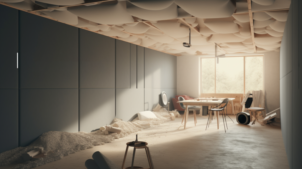 The image showcases a spacious room with soundproofing materials and construction work in progress. The text discusses the impact of room size on the budget for soundproofing projects