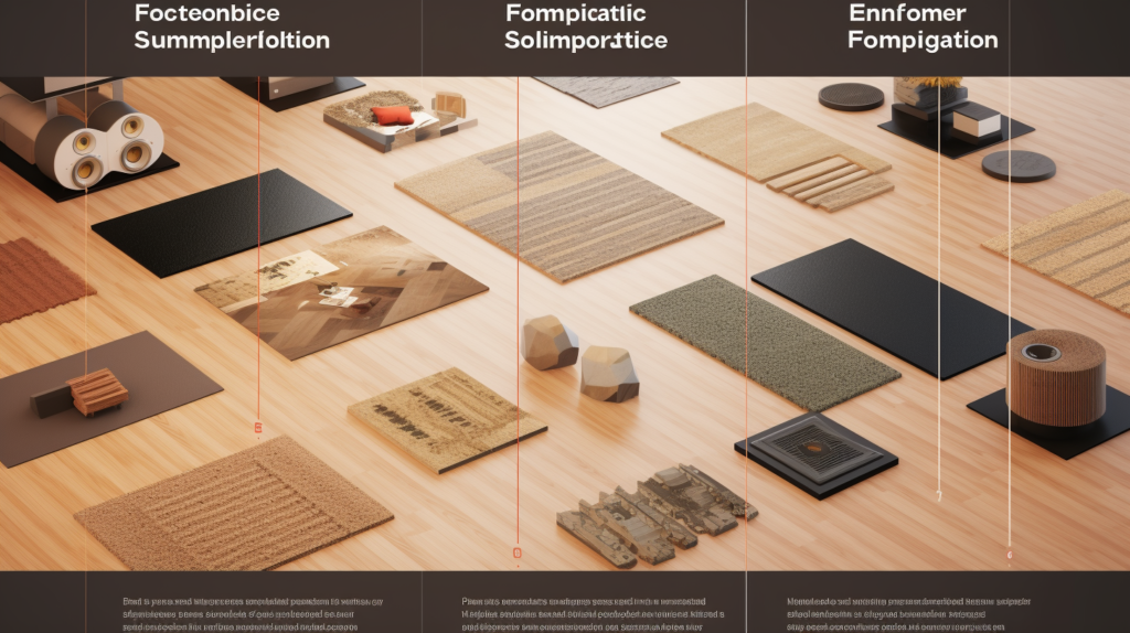 The image displays different flooring samples, including laminate, rubber, and cork. The text discusses various types of flooring for soundproofing and ranks them by effectiveness