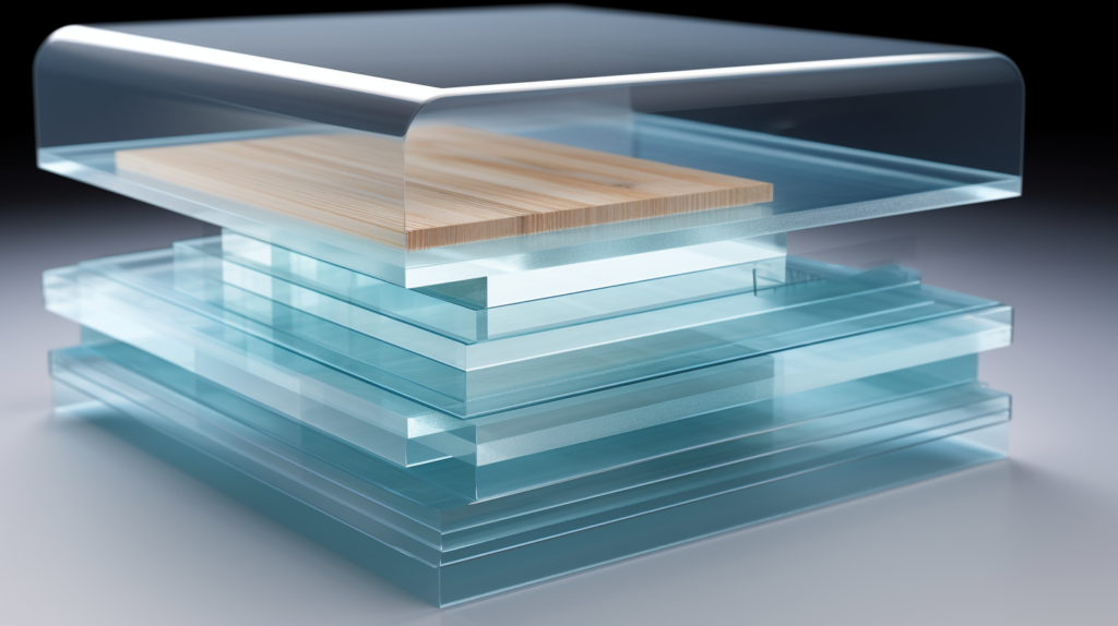 The image depicts laminated glass layers bonded together with a tear-resistant interlayer. The text discusses the preference for laminated glass in recording studios and audiophile listening rooms due to its visibility and acoustic isolation. It explains the composition of laminated glass and how tear-resistant interlayers prevent shattering. Laminated glass is described as superior for soundproofing compared to other glass options