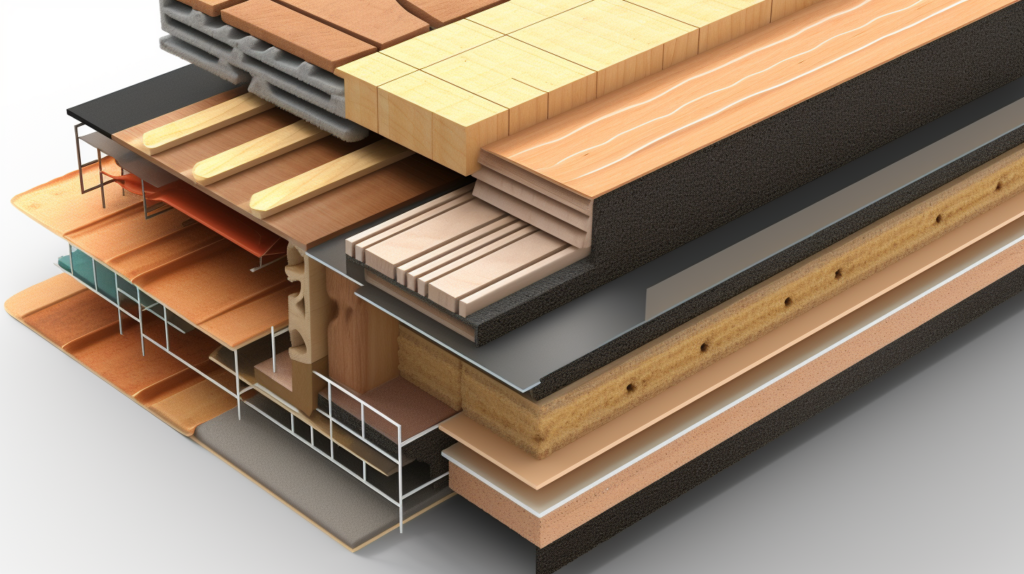 In this image, the construction of a modular wall system for the wood slat acoustic panel is depicted. The three-layer sandwich design includes the plywood backing layer, the acoustic panels as the middle sound-dampening layer, and the decorative wood slats as the finished outward facing layer. The visual representation emphasizes the modular approach, with large sections prepared separately and mounted onto the wall when ready. Wood spacers are used for even spacing, and the pre-marking of screw placement locations is highlighted, ensuring a uniform look once assembled on the wall. The image showcases the construction methods applied across multiple wall section modules, combining flexibility with standardization for an efficient process