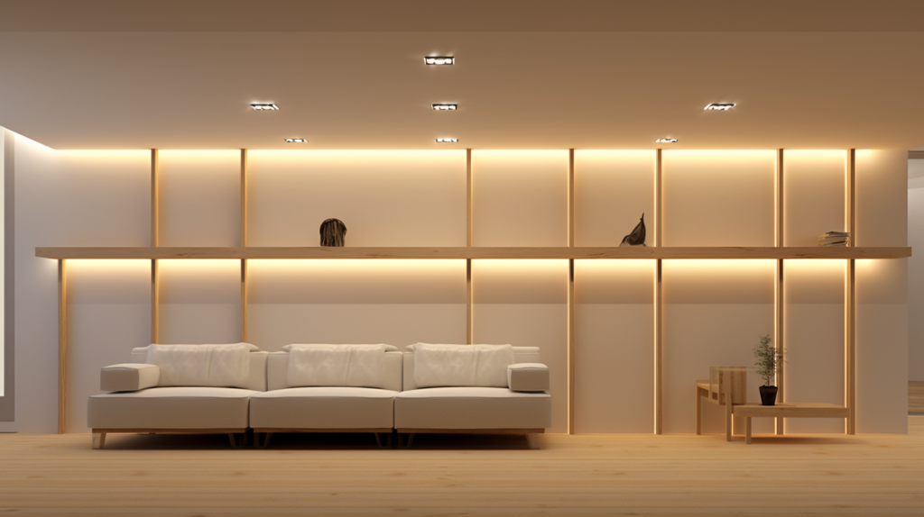 In this image, the incorporation of indirect LED lighting into the modular acoustic wall system is depicted. The installation of a high-quality LED strip lighting kit along the upper rear wall framing studs is shown, emphasizing the continuous and consistent light source. The visual representation highlights the balanced white light color temperature (5000K cool white) and the included dimmer for adjusting brightness settings. The image showcases the careful planning of electrical runs and positioning, illustrating how the LED lighting elevates the visual dynamism of the wall, allowing the wood tones and texture to shine. The efforts taken on lighting contribute to the overall aesthetics and ambiance of the acoustic wall system