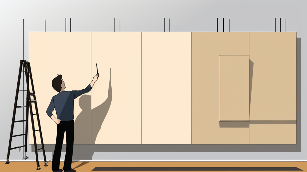 This image guide showcases the process of choosing and installing polyester acoustic panels. One image features a person measuring a space, considering panel size and thickness based on acoustic requirements. Another image illustrates the installation of polyester acoustic panels in a room, emphasizing the straightforward process. The visual guide underscores the importance of accurate measurements and hints at the steps involved in installing these panels for effective sound absorption