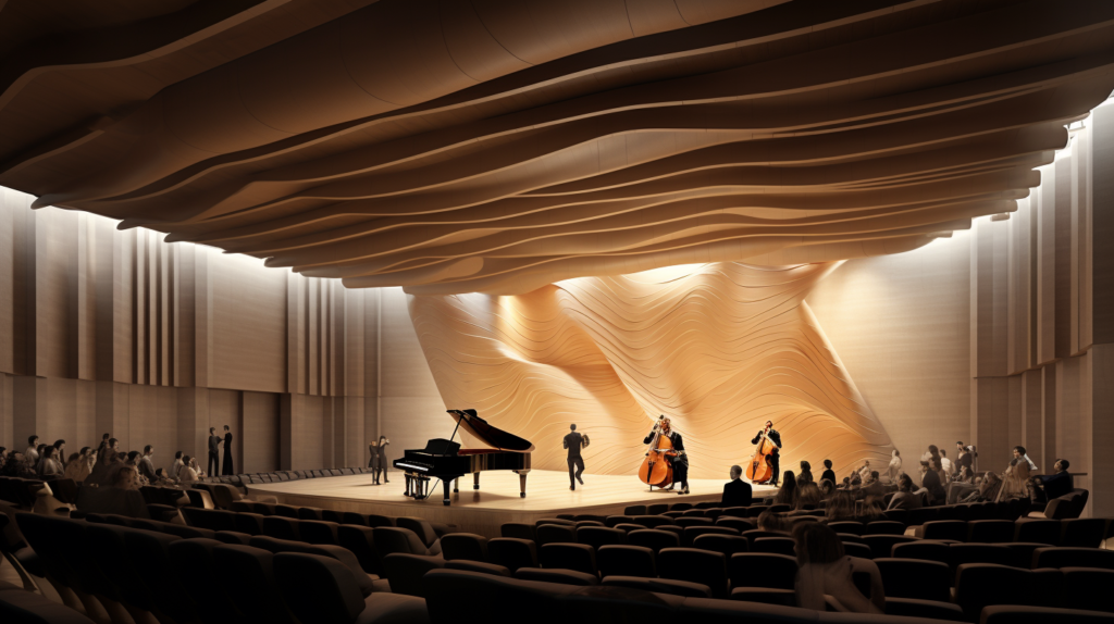 In this image, a concert hall is adorned with strategically placed acoustic panels on the walls and ceiling. The visual representation emphasizes the deliberate design of the acoustic panels, showcasing their ability to absorb excessive sound, eliminate echoes, and diffuse sound in various directions. The result is an acoustically balanced environment where sound is not just heard but felt, creating an emotionally resonant experience for the audience. The image highlights the effectiveness of polyester acoustic panels, made from recycled materials, in achieving exceptional sound absorption and diffusion, making them a popular choice in modern concert halls