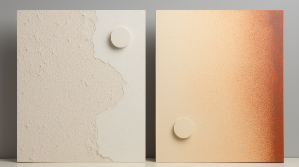 In this visual representation, the impact of painting acoustic panels is evident. On one side, an untreated acoustic panel displays its porous surface designed for sound absorption. On the other side, the same panel is painted, illustrating the non-porous effect of the paint. The visual contrast emphasizes how layers of paint can fill in the tiny holes and gaps in the material, turning an absorptive noise reducer into a sound reflector. Tests reveal that painted panels can reduce noise reduction coefficients by up to 30%, compromising their primary purpose. Additionally, painting panels poses risks of trapping odors, pollutants, and fumes, impacting indoor air quality. For optimal audio performance and a healthy indoor environment, it is strongly discouraged to paint over acoustic panel materials, prioritizing their intended acoustical porosity over decorative preferences