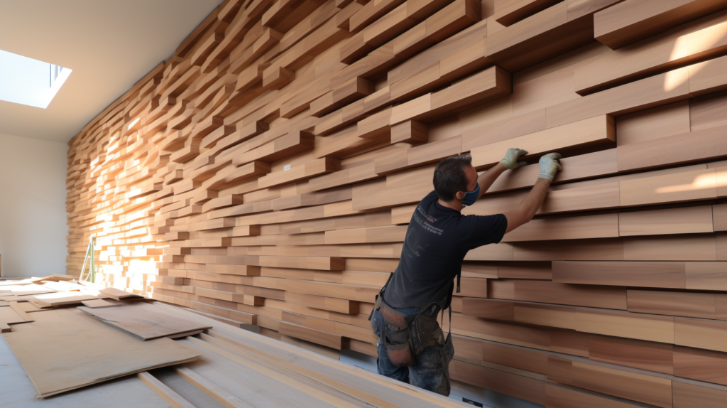 In this image, the first step of preparing wood slats for the acoustic wall is depicted. It shows the use of thin, rectangular cut timber pieces, highlighting the sanding and treating process. The visual representation emphasizes the importance of smoothing and finishing the wood properly to ensure a cohesive stained or oiled look across all slats. The image suggests the diligence and patience required for this upfront time investment, showcasing the meticulous effort to achieve a great appearance for the completed wall
