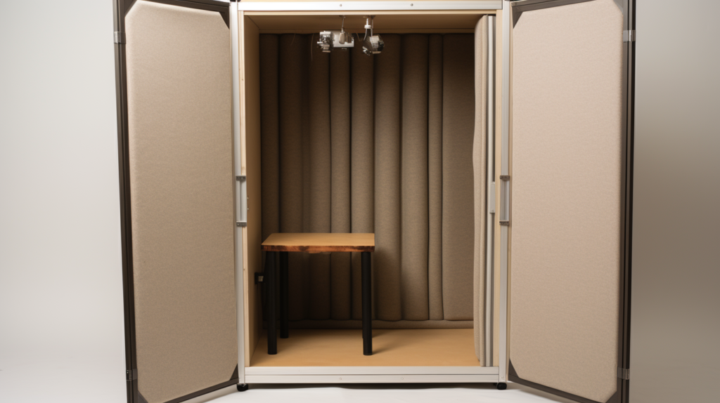The image depicts a portable vocal booth with a hinged movable acoustic panel frame. Constructed from rigid materials like plywood or PVC, the frame includes one hinged panel serving as the entryway. High-density 6 lb rigid fiberglass or rockwool acoustic panels are attached to the interior sides of the frame, providing effective sound absorption. The booth is designed to accommodate a standard microphone and pop filter, creating an isolated space for recording vocals. The text provides details on building a simple frame for a portable vocal booth and optional additions to enhance its functionality