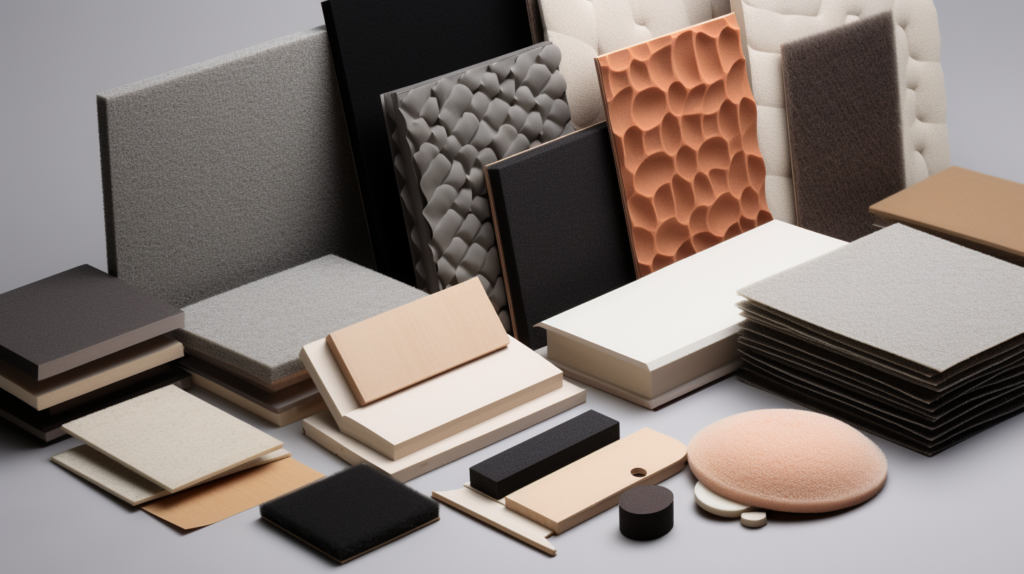 The image displays various acoustic panels and soundproofing materials, showcasing different types of foams, fabrics, and insulation designed for sound absorption. The text explains that the costliness of these specialty soundproofing materials is attributed to their engineered nature and the advanced technology involved in their production