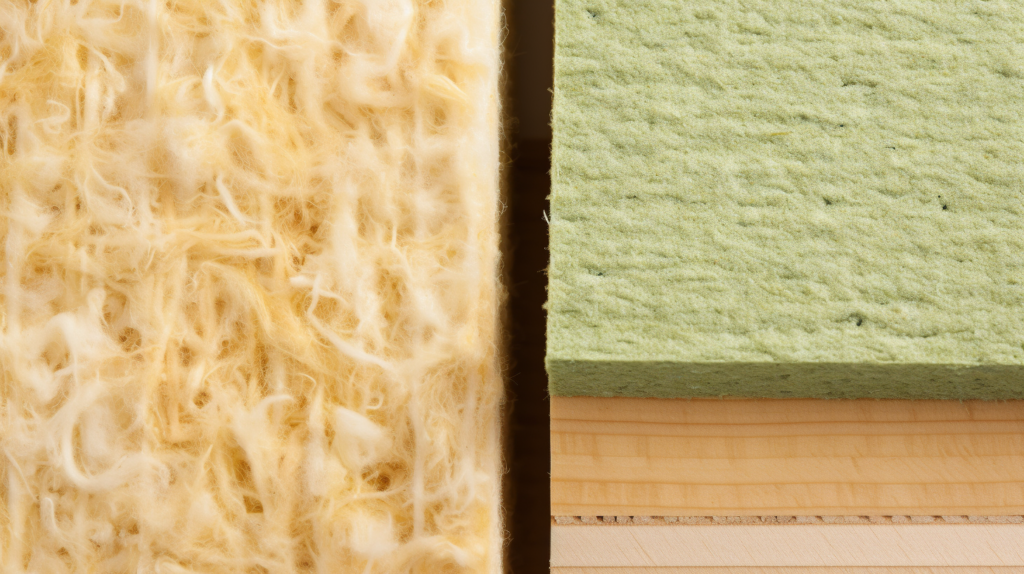 A visual comparison of fiberglass and mineral wool insulation for soundproofing. The first image shows both materials in familiar batts and boards for retrofitting or new construction. The second image emphasizes mineral wool's slightly higher density (R-3.0 to R-3.5 per inch) compared to fiberglass. The third image highlights the long-term stability of both materials, resisting settling and compression. The fourth image showcases the versatility of mineral wool for exterior wall soundproofing, with fire resistance and water-repelling traits. The visual comparison underscores the comparable sound dampening abilities of fiberglass and mineral wool, with mineral wool providing a slight performance edge in thin cavity scenarios