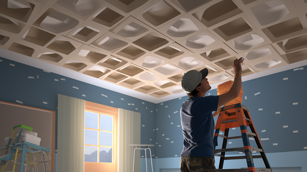 A visual representation of the mid-journey soundproofing process for a nursery ceiling. Hands are depicted exposing ceiling studs, filling cavities with soundproofing insulation, and installing resilient channels before applying drywall. The image symbolizes the dual approach to absorbing sound waves and preventing noise transfer through the ceiling. It emphasizes the commitment to creating a tranquil nursery environment for the baby. The mid-journey transformation is highlighted, showcasing the effort to block out overhead noises through the meticulous treatment of the nursery ceiling.