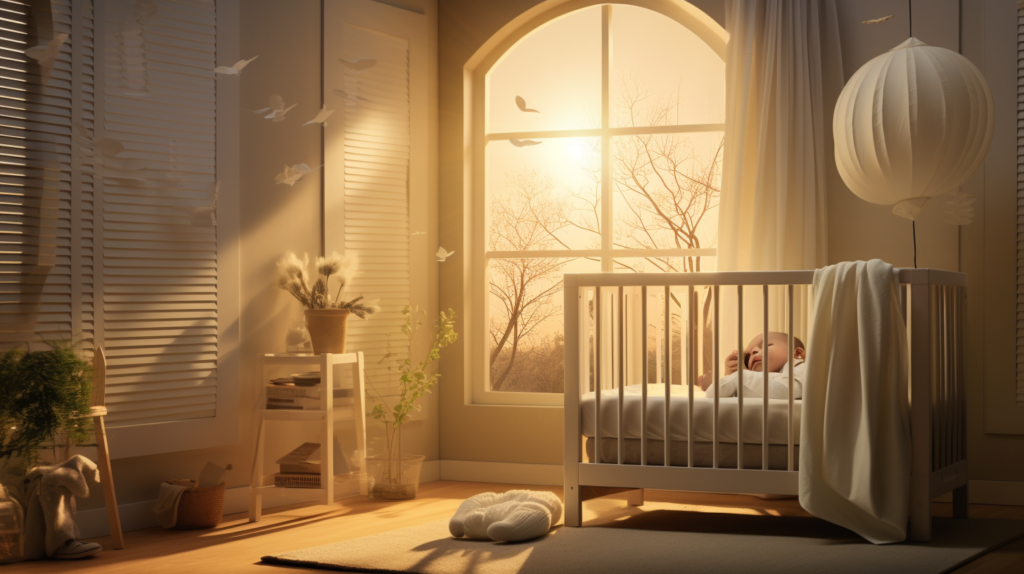 A visual of a serene nursery with a peacefully sleeping baby in a crib, portraying the desired outcome of a tranquil sleep environment. In the foreground, hands are installing soundproofing materials on windows and walls, symbolizing the commitment to creating a peaceful sanctuary for the newborn. The image represents the two main reasons for soundproofing: ensuring a restful sleep through the night and preventing household noises from disturbing the baby's slumber. It encapsulates the mid-journey transformation, highlighting the significance of investing in soundproofing for the well-being and development of the newborn.