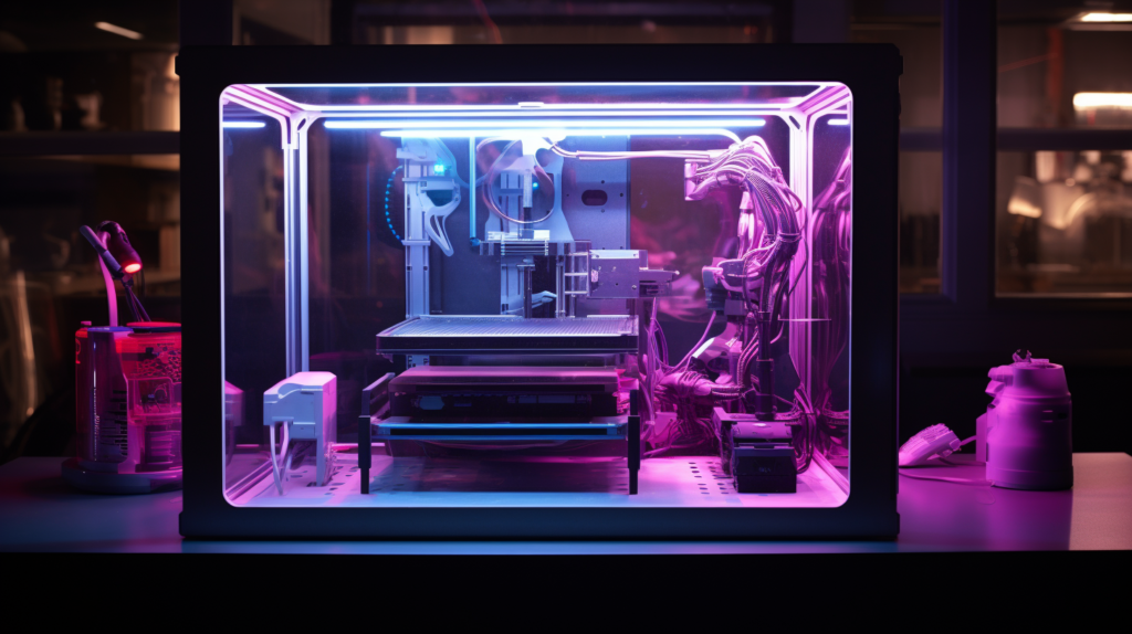 A comprehensive view of the finalized 3D printer enclosure, adorned with thoughtful accessories and components. Hands, clad in gloves, carefully attach spool holders to the enclosure ceiling, emphasizing organized filament management. In the backdrop, power strips and multi-outlet extensions are strategically mounted to facilitate various electronic devices. Specialized storage containers and tool holders add a touch of practicality, keeping essential supplies within reach. LED strip lighting bathes the interior in a soft glow, enhancing visibility of the printing area. The image encapsulates the commitment to creating a fully-equipped and efficient workspace, maximizing the potential of the enclosed 3D printer.