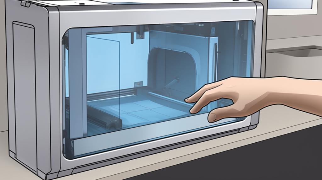 A comprehensive visual guide to correctly installing the viewing window in your 3D printer enclosure. The central image showcases hands measuring the window opening with precision. Surrounding this, step-by-step illustrations depict the cutting of an acrylic or polycarbonate sheet, the application of thick foam weatherstripping tape, and the alignment of the window pane within the opening. Additional details highlight the attachment of hinges and latching handles, the pre-drilling and installation of exterior plywood trim, and the meticulous application of clear 100% silicone caulk. This visual guide underscores the significance of employing flexible sealing techniques for effective noise and vibration isolation through the enclosure window.