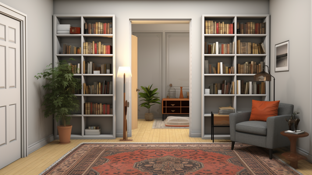 An artfully arranged space comes to life in the image, featuring a strategically placed area rug just outside an open doorway and bookshelves positioned on either side. The dense pile of the rug absorbs airborne sound, while the bookshelves create an acoustic maze that scatters and diffuses noise. This visual representation highlights the decorative and functional use of rugs and bookshelves for noise reduction, showcasing their ability to enhance both aesthetics and acoustics in a living space.
