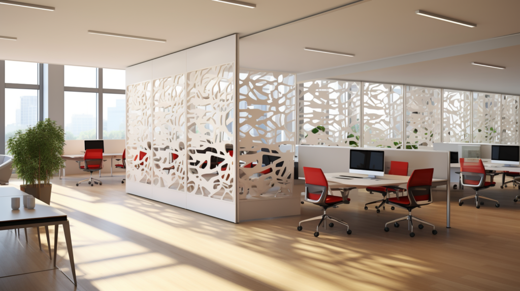 In the image, acoustic partitions elegantly divide an open office space, extending from floor to ceiling. The absorptive materials in the panels symbolize their effectiveness in preventing noise transmission and creating a harmoniously divided workspace. This visual representation emphasizes the positive impact of well-installed acoustic partitions on noise reduction, productivity, and the overall work environment.
