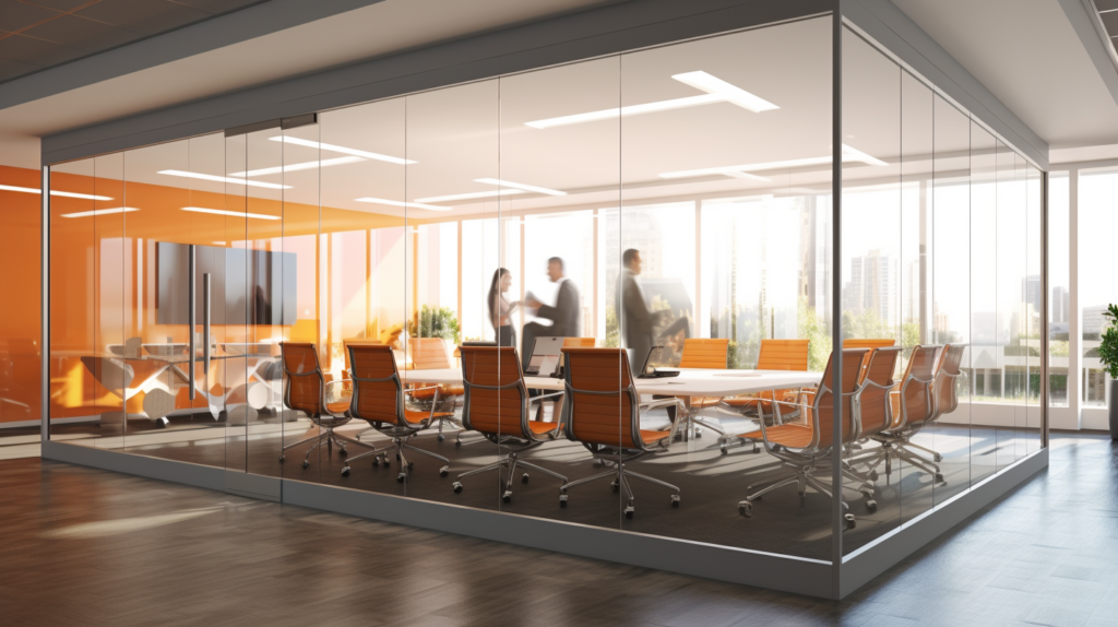 The image illustrates the installation of soundproof meeting rooms in an office, featuring soundproof glass partitions and windows for natural light and reduced audio transmission. Surrounding walls incorporate noise-reducing acoustic foam panels, enhancing sound absorption. The visual narrative portrays a meeting in progress, emphasizing the privacy and productivity facilitated by advanced soundproofing features. This illustration symbolizes the evolution of meeting rooms into acoustically optimized spaces for effective and uninterrupted communication.